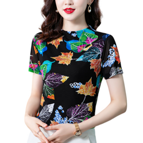 댄스복 상의 여성용 반폴라 망사 반팔 티 여성용 슬림 스판 티셔츠Women's T-shirt 뉴타임즈 P465J829