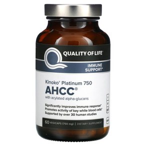 Quality of Life 퀄리티오브라이프 키노코 플레티넘 AHCC 알파글루칸 750mg 버섯균사체 담자균류 약용버섯 사이토카인 60 베지캡슐, 60정, 1개