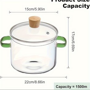 1.5L/52oz 보로실리케이트 유리 요리 냄비 녹색 손잡이 - 내열성 투명 수프 죽 냄비 뚜껑 포함 - 스토브탑 및 오븐 사용에 완벽, 01 녹색 손잡이 이중 귀 유리 냄비, 1개