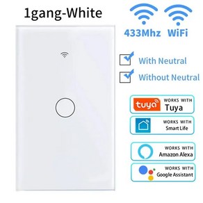 Tuya WiFi 스마트 라이트 스위치 미국 120 벽 터치 패널 중립 단일 화재 작업없이 Alexa Google 홈 1/2/3 갱, [04] 1Gang-White US Plug, 1개