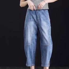 4xl까지 빅사이즈 배기 청바지 봄여름 여성용 트임 9부 밴딩팬츠 얇은 통기 날씬해 보이는 키작녀 데님바지
