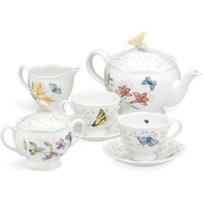 뚜껑이 있는 레녹스 버터플라이 메도우 커피 포트 흰색, 9-Piece Tea Set