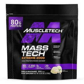 머슬테크 Muscletech 고단백질 매스 게이너 (바닐라 밀크쉐이크 2.7kg(6파운드)) - Mass Tech Exteme 2000 Gaine 단백질 파우더 보충제 근육, 2.7kg, 1개