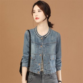 besteffie 여자 데님자켓 청자켓 가을 봄 캐주얼 라운드넥 버튼 포켓 디자인 데님 외투 E28