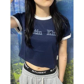 [국내매장판] 마뗑킴 Matin Kim Cutted Logo Ringer Crop Top Navy 커티드 로고 링거 크롭 탑 네이비 반팔 티셔츠