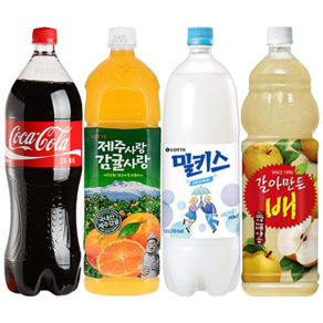 [한번에먹자] 1.5L 과즙음료 탄산음료 4종 혼합세트 ( 코카콜라 + 제주감귤 + 밀키스 + 갈아만든배 ) 당구장 업소용 사무실음료 가정용, 4개