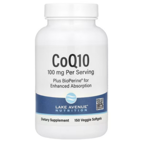 CoQ10 100mg 유비퀴논 BioPeine 함유 150소프트젤 레이크애비뉴뉴트리션, 1개, 150캡슐, 150정