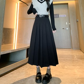 여성용 A라인 롱 스커트 하이웨스트 슬림핏 모직 주름치마 Women's skirt