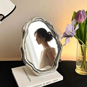 비정형 탁상 거울 인테리어 화장대 휴대용 물결 책상, 은색-업그레이드 경량 고급