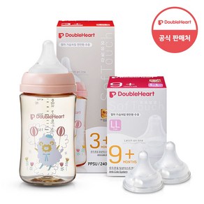 더블하트 모유실감 3세대 PPSU 젖병 싱글240ml 디어프렌즈 하늘을날꼬양 (젖꼭지M포함) + 젖꼭지 2개