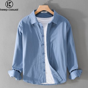 Keep Casual 남성용 순면 긴팔 셔츠 심플 캐주얼 흰색 편안한 남성 셔츠