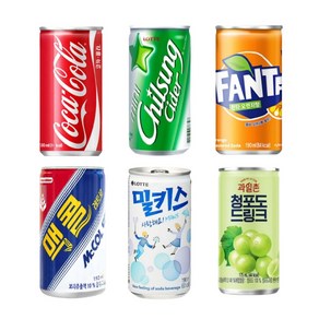 [한번에먹자쇼핑몰] 175~190ml 작은캔 탄산음료 과일향 음료 6종 혼합세트 각 5캔씩 / 과일촌 청포도 드링크+밀키스+칠성사이다+환타오렌지+맥콜+코카콜라 / 총 30캔, 175ml, 30개