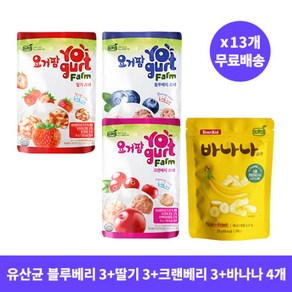 [13개 무료배송] 프로엠 요거팜 블루베리 스낵 30g 3개+딸기 스낵 30g 3개+크랜베리 스낵 30g 3개+유산균 바나나 스낵 20g 4개 / 요구르트 과자 유산균 과자 쌀과자