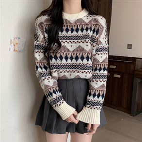 [보들/데일리] 빈티지 아가일 노르딕 루즈핏 니트 (2colo) // 루즈핏 오버핏 루즈핏니트 데일리룩 캐주얼룩 겨울니트 체형커버 (HJ-4004)
