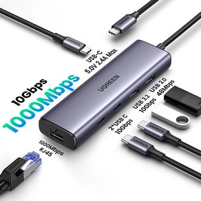 UGREEN 유그린 1000Mbps USB C 이더넷 어댑터 10Gbps USB3.2 Gen2 5 in 1 USB C 허브 노트북 맥북 윈도우 XPS 아이패드 프로 이더넷 연결용, 10Gbps 1000Mbps hub, 1개