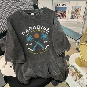 고퀄리티 피그먼트 워싱 PARADISE 오버핏 반팔 티셔츠 하프슬리브 캐주얼 스트릿 빅사이즈 763649403437