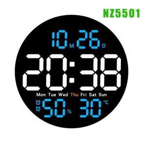 리모컨 LED 벽시계 듀얼 알람 캘린더 및 온도 디스플레이 홈 데코 밝기 조절 가능, NZ5501Blue