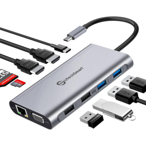 UtechSmart 11 in 1 트리플 디스플레이 USB C Hub 듀얼 HDMI VGA PD3.0 SDTF 카드 슬롯 USB 포트 4개(그레이)