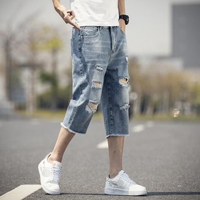 WEIHAN 빅사이즈 남성 찢어진 7부 청바지 여름 프린지 와이드핏 데님 반팬츠 청반바지