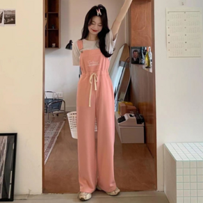 besteffie 여성 여름 캐주얼 루즈핏 하이웨이스트 멜빵바지 허리 리본 디자인 와이드 통바지 점퍼슈트 K83