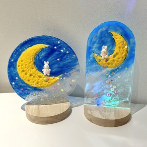 [하비코] 달 토끼 LED 무드등 DIY 스테인드 글라스 & 스컬프쳐 페인팅 미술 키트, 돔형, 1개