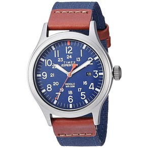 Timex 남성용 엑스페디션 스카우트 솔라 캐쥬얼 시계 40mm 쿼츠 레더 스트랩 베이지 20 TW4B247009J, 블루/블루/티타늄