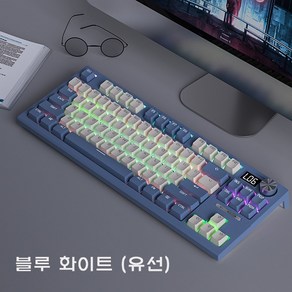 LANGTU 랑투 LT-84 유무선 기계식 키보드 RGB 84키 미니 디스플레이 회전키, 블루 화이트, 텐키리스