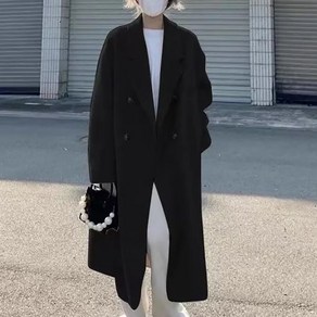 POMTOR 여성 가을겨울 모직 롱 코트 루즈핏브이넥 트렌치코트