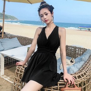 SAHINER 여성 원피스 수영복 홀터넥 모노키니 AYY05, L, 블랙