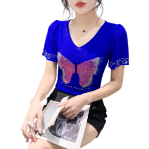 댄스복 상의여성용 브이넥 망사 나비 핫피스 스판 반팔 티셔츠 Women's T-shit 뉴타임즈 L471G763