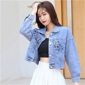 besteffie 데님자켓 봄가을 여성용 카라넥 꽃무늬 트렌디 베이직 청자켓 데님 숏 자켓 E58