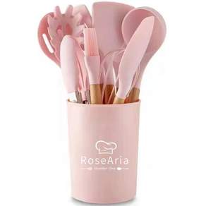 Rosearia 실리콘 나무 손잡이 주방 조리도구 12종 세트 수납통 포함, 핑크