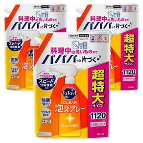 카오 큐큣토 주방세제 거품 스프레이 리필용 특대사이즈 오렌지향, 1120ml, 3개