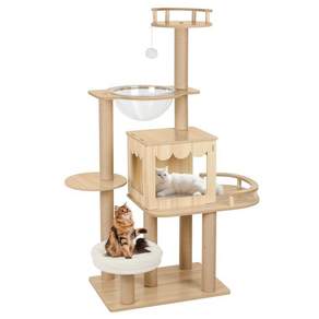 리빙가감법 고양이 대형 스크래쳐 캣타워 반려동물 실내 호화로운 목제 아크릴 해먹 방석 장난감 캣타워 다층 구조 기둥 숨숨집 강력한 내하중 흔들없이, 원목색, 1개