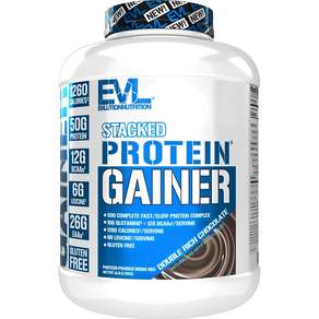EVLUTIONNUTRITION 스택드 프로틴 게이너 파우더 드링크 믹스 더블 리치 초콜릿 맛, 1개, 2.72kg