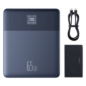 베이스어스 블레이드2 고속 대용량 7.3mm 보조배터리 12000mAh 65W + C타입 고속 충전 케이블 세트, PBLD2-65, 마리아나 블루(보조배터리), 블랙(케이블)