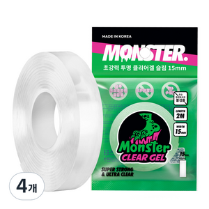 몬스터클리어겔 슬림 초강력 실리콘 양면테이프 15mm x 2m, 투명, 4개