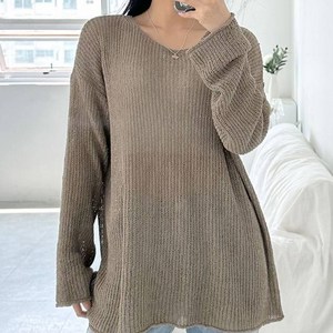 플랜데이 여성용 시스루 입술넥 루즈핏 하의실종 긴팔 그물 니트