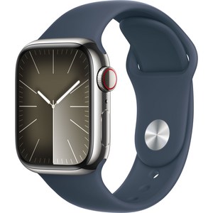 Apple 애플워치 9 GPS+Cellula, 41mm, 스테인리스 스틸, 실버 / 스톰 블루 스포츠 밴드, S/M