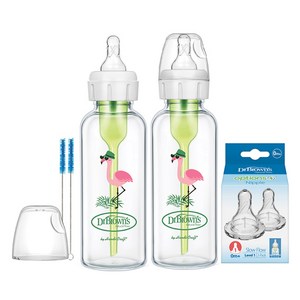 닥터브라운 내로우 데코 유리젖병 플라밍고 250ml 2p + 1단계 젖꼭지 2p 세트, 투명, 1세트