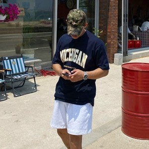 남성용 통기성 빠델 20수 MICHIGAN 프린팅 오버핏 반팔 티셔츠