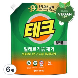 테크 알레르기 원인물질 제거 일반용 액상세제 리필, 2L, 6개