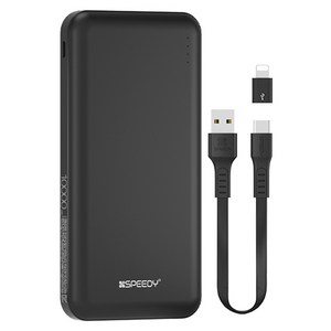 스피디 슬림 듀얼 보조배터리 10000mAh + C타입 케이블 + 8핀 젠더 세트, BND-2PCPPB100A, 블랙