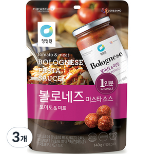 청정원 싱글 파우치 볼로네즈 토마토 파스타소스, 3개, 140g