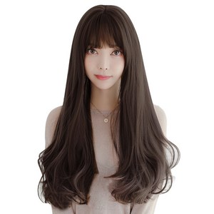 하이유니 레이어드 C컬 펌 롱 헤어 긴머리 통가발 67cm + 가발망 + 거치대 세트, 브라운블랙(가발), 랜덤발송(거치대), 1세트