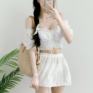 [3pcs] 청순해~ 여성 오프숄더 러블리 모노키니 white // 러블리 쓰리피스 원피스 플라워 하늘하늘 호캉스 워터파크 프릴 수영복 비키니, 화이트