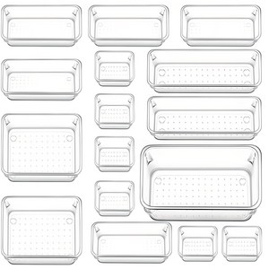 SAIVEINA 다용도 옷장 주방 사무실 화장품 욕실 책상 서랍 정리함 트레이 5가지 사이즈 아크릴 투명 보관 수납함 16피스, 1세트