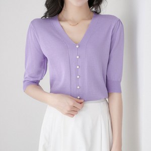 언에스온 V넥 진주 5부 반팔 니트 티셔츠