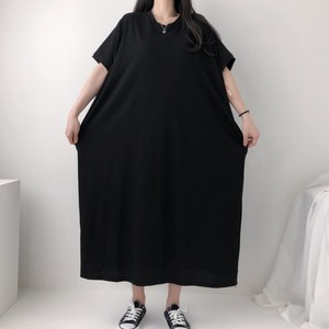 왕박시 [~4XL] 국산 빅사이즈 오버핏 가오리 포켓 반팔 면 롱 원피스