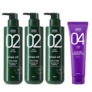 아모스 녹차실감 지성 탈모 샴푸 500ml 3개 + 스타일 컬링 에센스 2x 150ml 세트, 1개